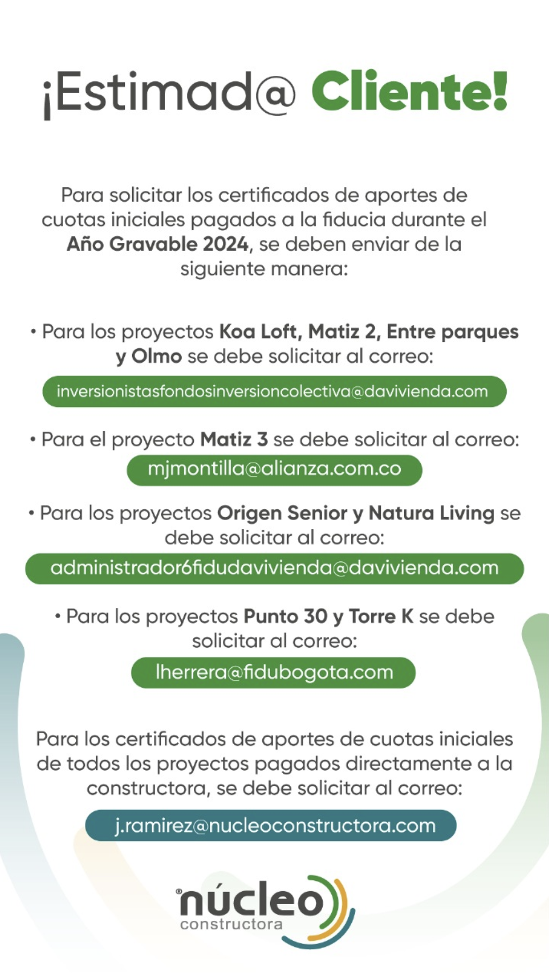 Comunicado oficial de Núcleo Constructora sobre aportes y planes de pago.